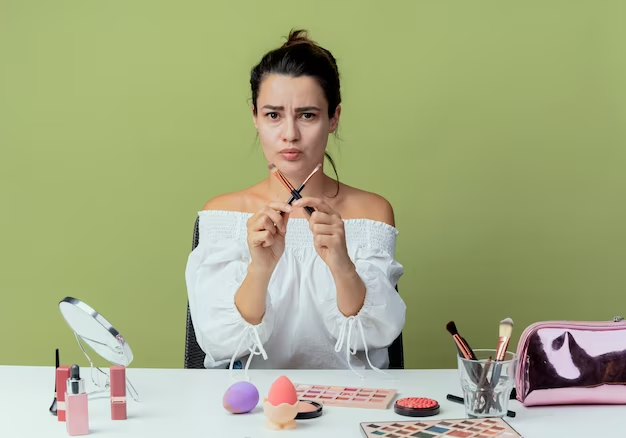Woman with makeup items on a table, holding two brushes to create an 'X' shape.